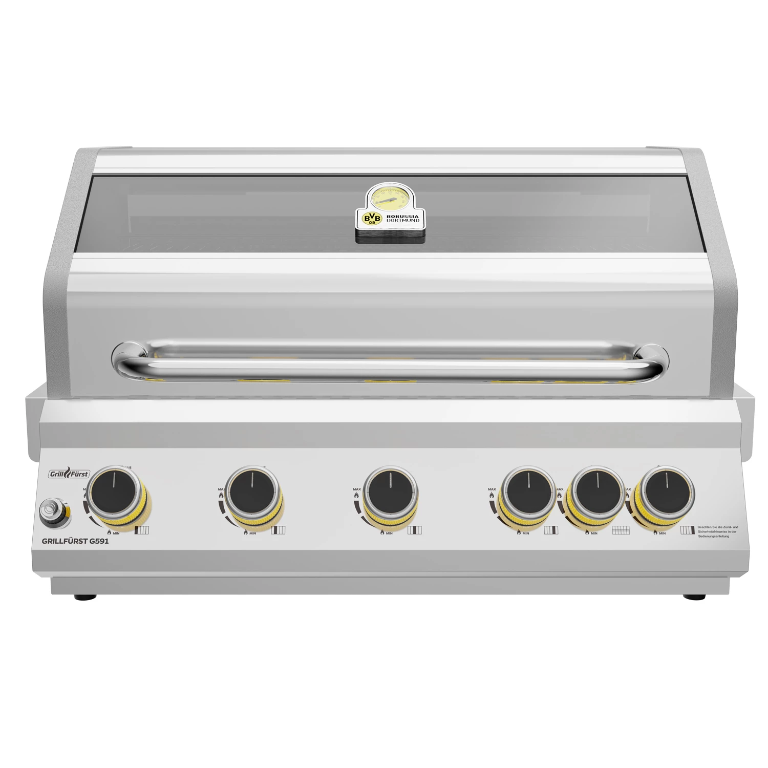 Grillfürst G591E Borussia Dortmund Edition 5-Brenner Einbaugrill Mit Heckbrenner Und Edelstahl Rosten 1 Grillfürst G591E Borussia Dortmund Edition 5-Brenner Einbaugrill Mit Heckbrenner Und Edelstahl Rosten