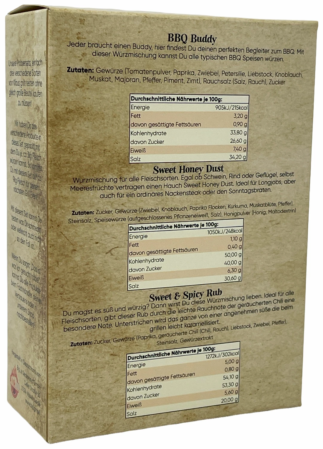 Probierset #2 BBQ Buddy / Sweet Honey Dust / Sweet & Spicy Rub 3x 100g Beutel By Klaus Grillt 1 Probierset #2 BBQ Buddy / Sweet Honey Dust / Sweet & Spicy Rub 3x 100g Beutel By Klaus Grillt